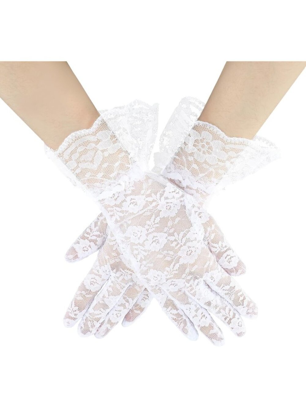 Womens White Short Ruffled Wrist Cuffs Floral Lace Vintage Style Opera Gloves
